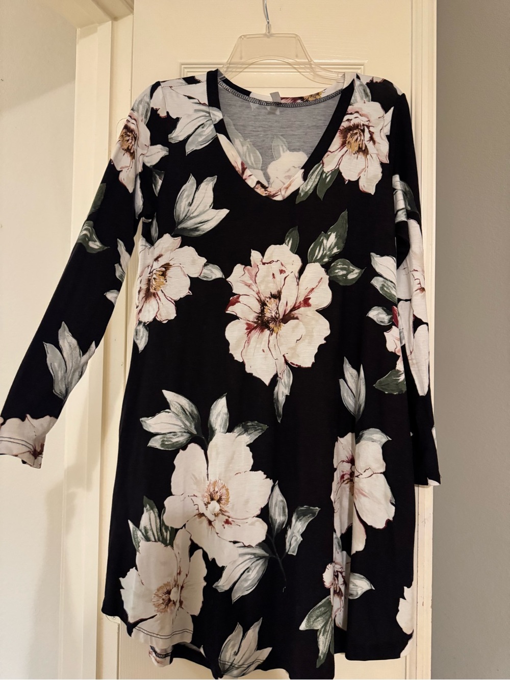 Black Floral Rayon Long-Sleeve V-Neck Dress